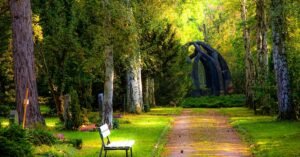 Serene pathway through a forested cemetery area with stone monuments and benches.
